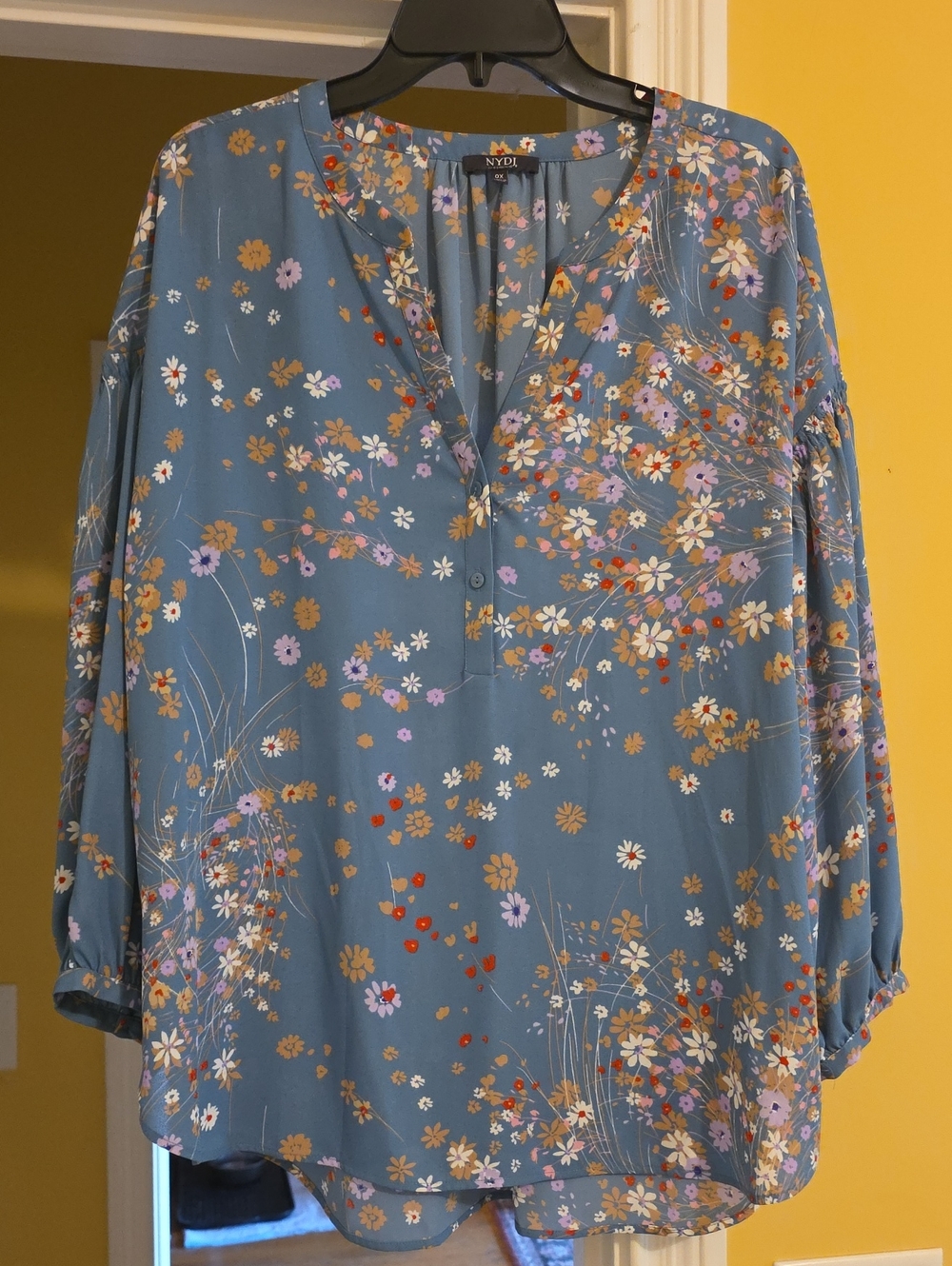 NYDJ Slate Blue Floral Henley Blouse